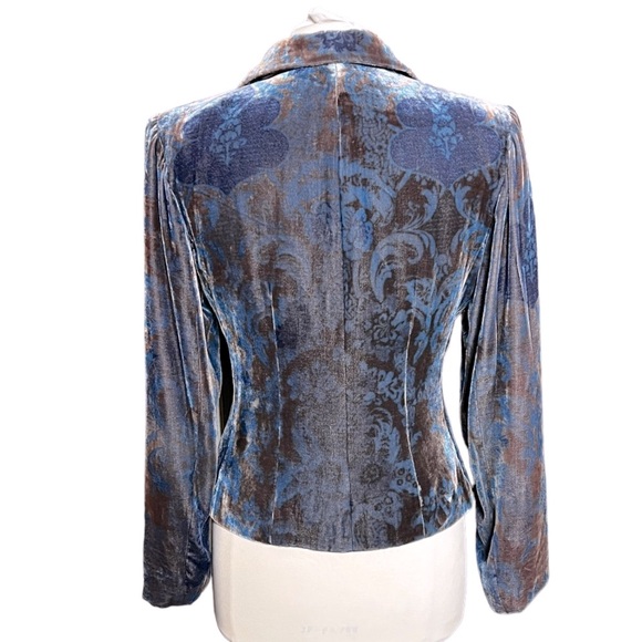 VTG Kay Unger Bow Detail Silk Velvet Jacket Blazer Mocha Mousse & Blue Floral - Picture 4 of 8